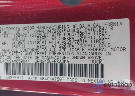 2010 Toyota Tacoma Base V6 z USA, uszkodzony, nr VIN 3TMLU4EN9AM050844